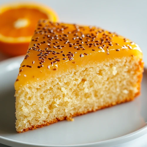 Foto de um bolo de laranja funcional, cortado mostrando o interior